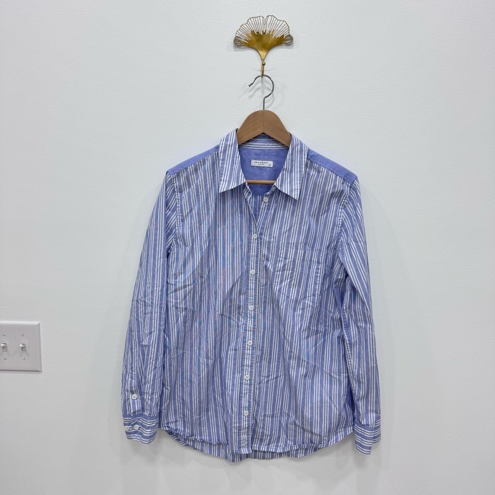 Equipment Femme Blue Striped Cotton Kenton Collared Shirt Size Large